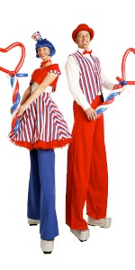 Red White and Blue stilt walking balloon modellers. Please quote trpe14.