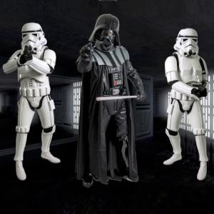 Star Wars Darth Vader lookalike with storm troopers